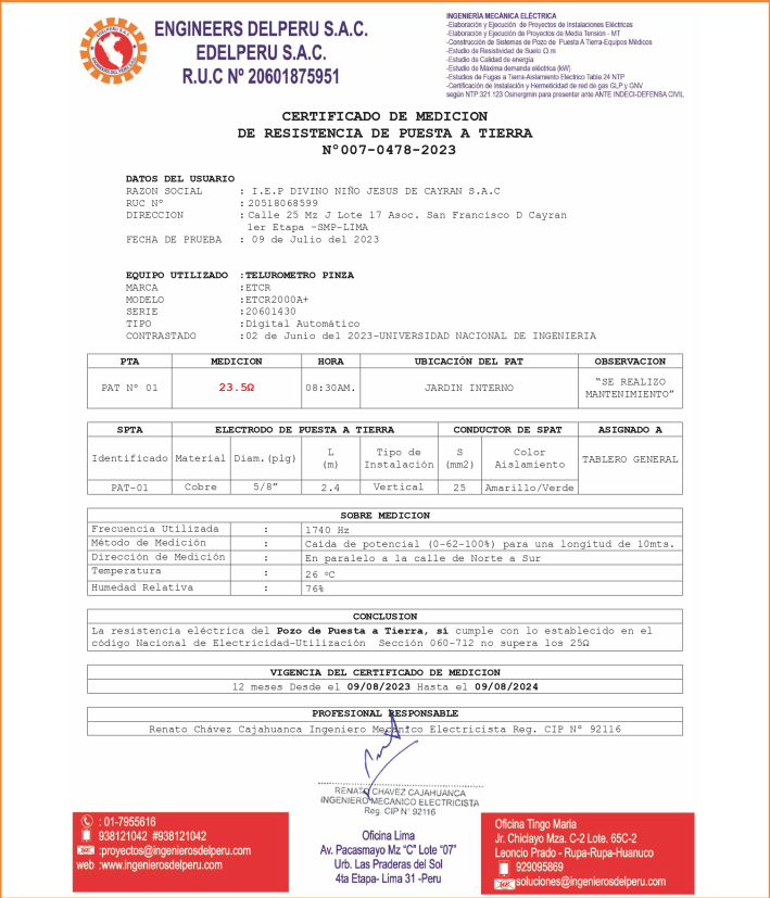 certificado de puesta a tierra